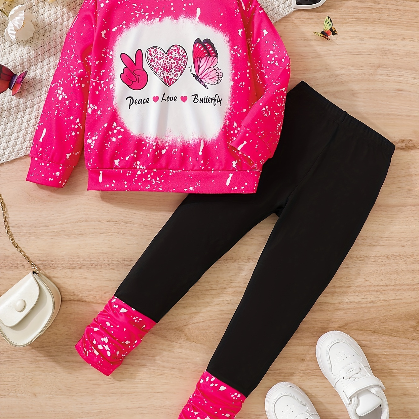 Girl's PEACE LOVE BUTTERFLY Print 2pcs, Hoodie & Leggings Set, Cartoon Pattern Casual Outfits, Kids Clothes For Spring Fall