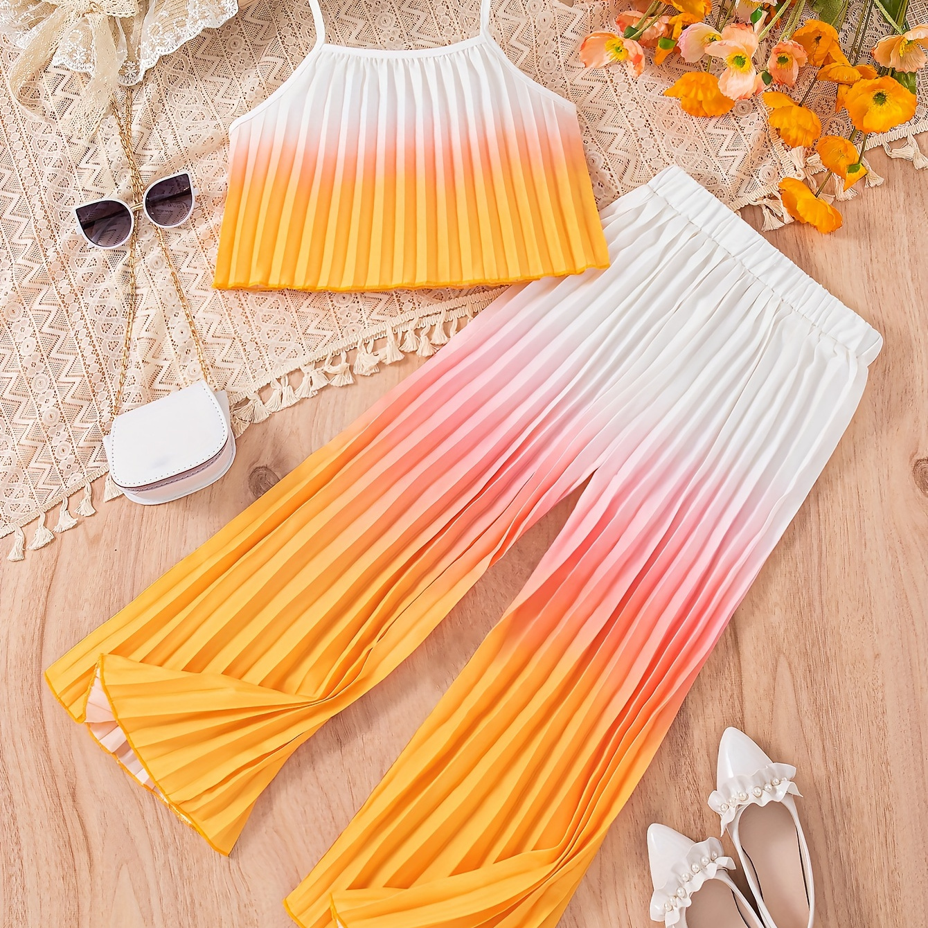 

Chic Gradient Color Pleated Cami Top + Pants 2-piece Set - Girl's Summer Clothes For Casual Outings