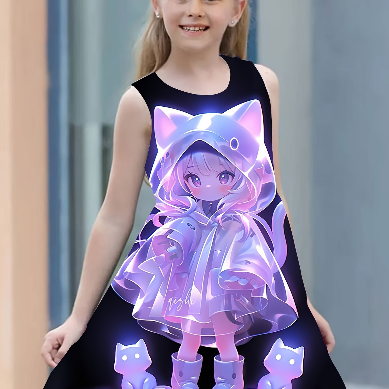 

Anime Doll & Kittens 3d Graphic Sleeveless Dress For Girls Vacation Casual Dresses Summer Gift