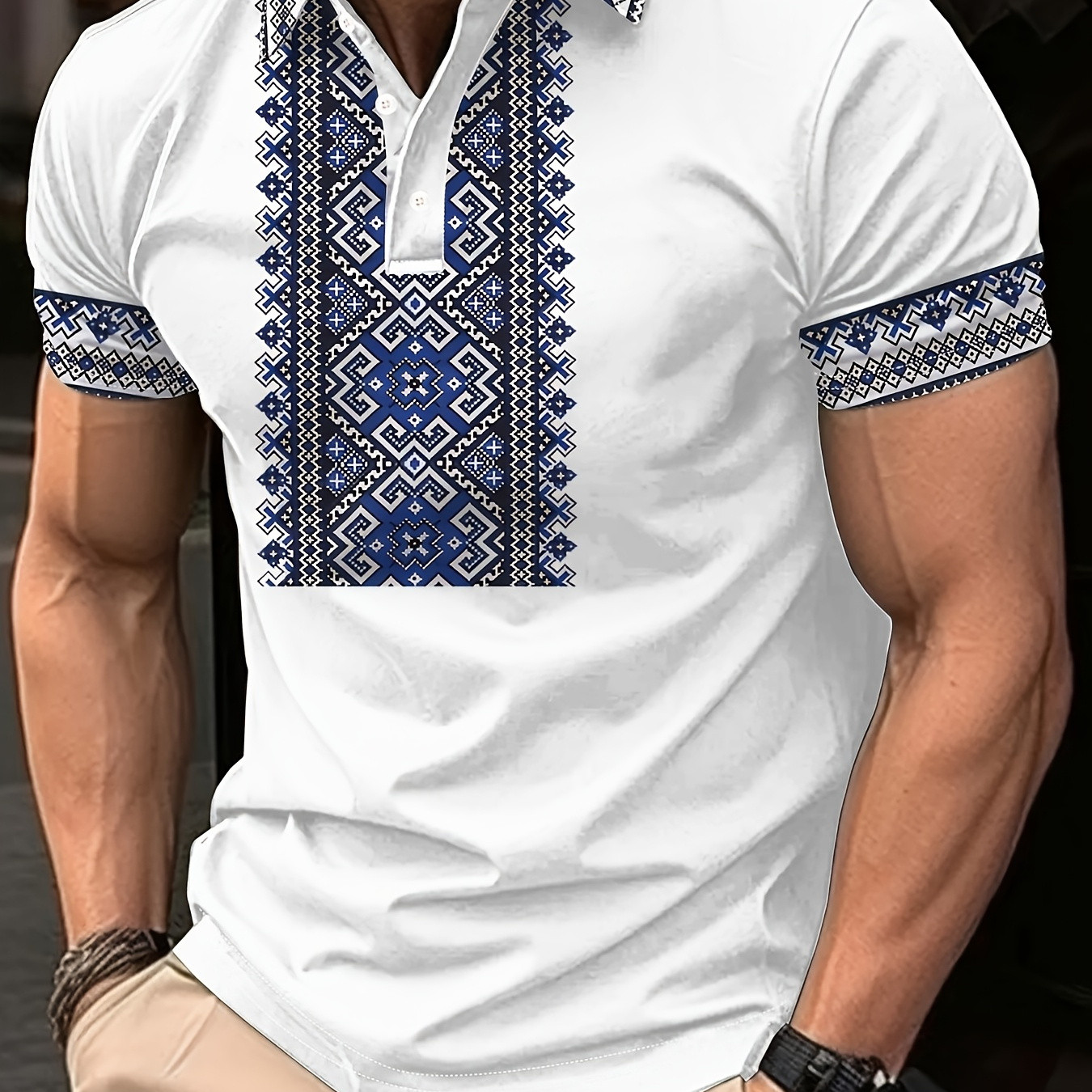 

Men'-inspired Geometric Print Shirt - Lightweight, Breathable Polyester, Short Sleeve With Button Detail For Summer Sports & Casual Wear