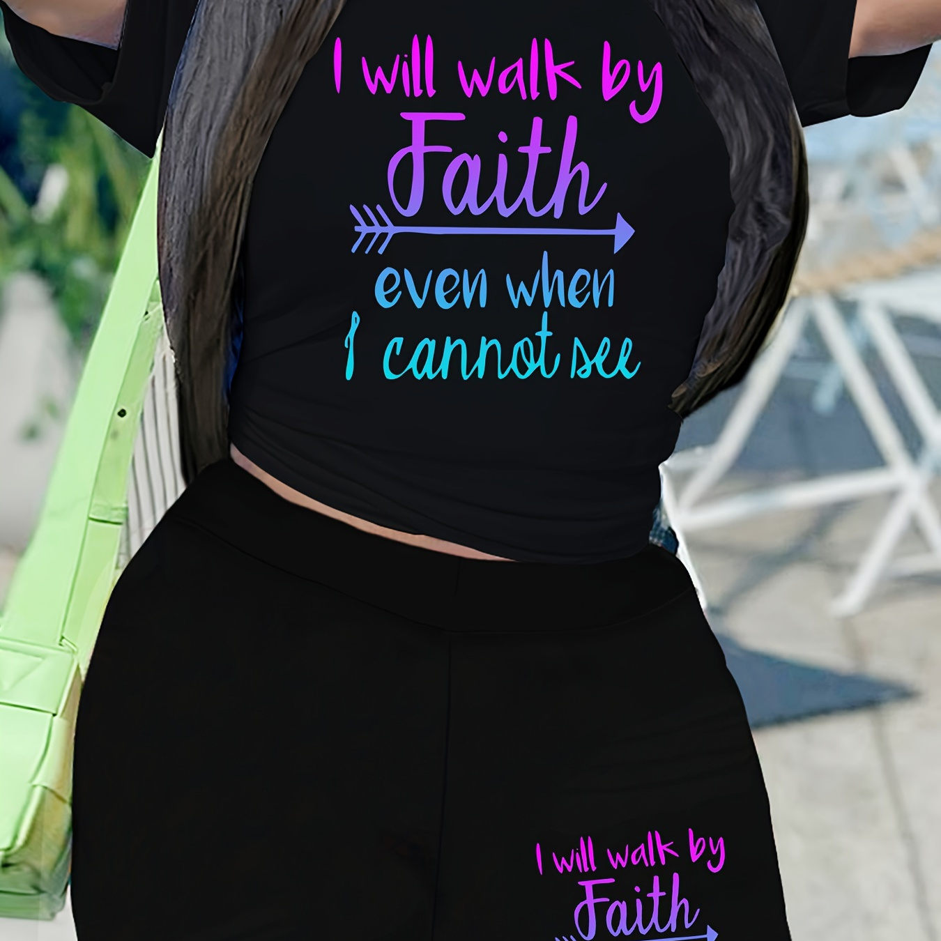 

Women'/ Casual : "i Will Walk " Printed Short Sleeve Top & Shorts Set - Stretchy Polyester, Machine Washable