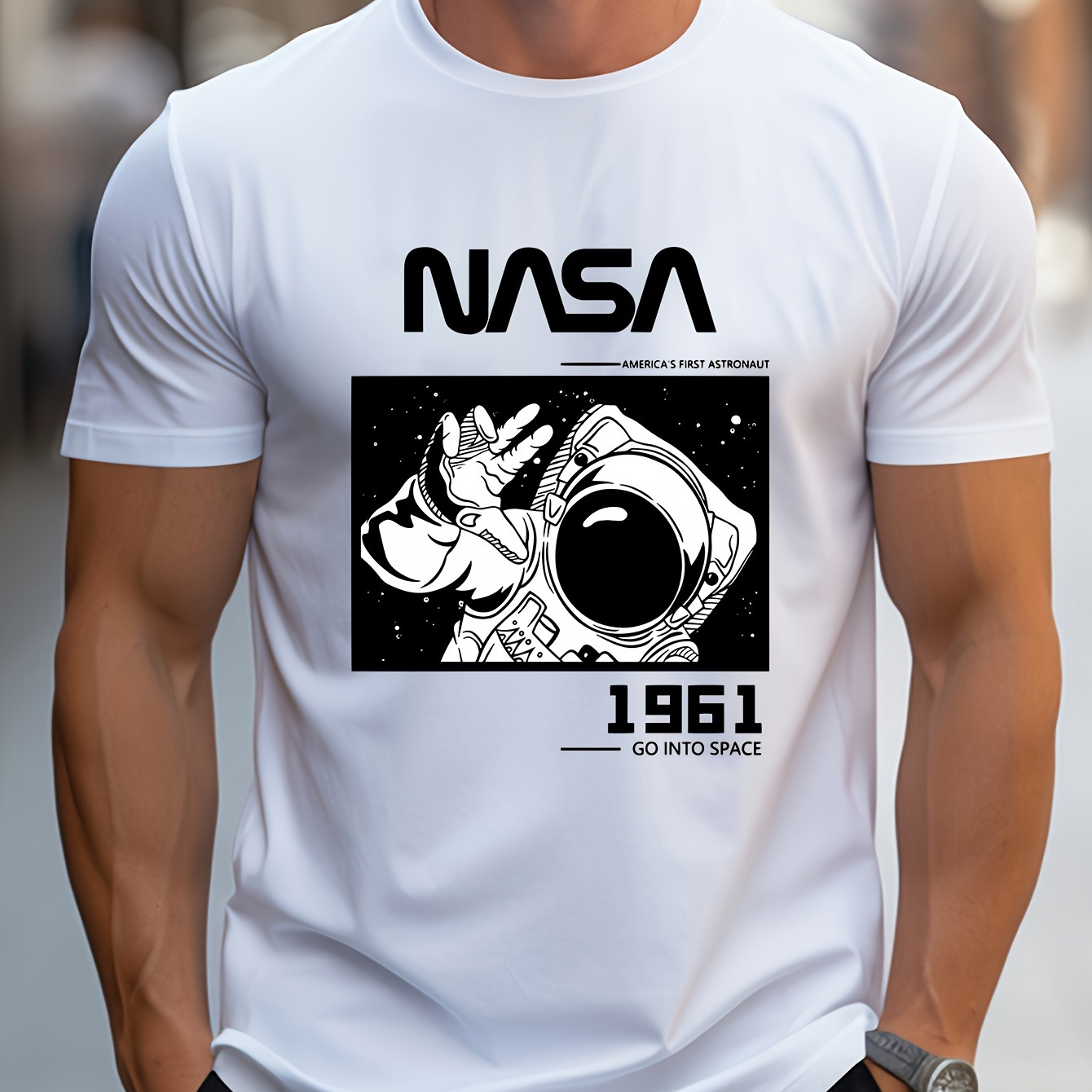

Astronaut Graphic Printed T-shirt Men's Casual Style Summer And Autumn Slightly Elastic Round Neck T-shirt