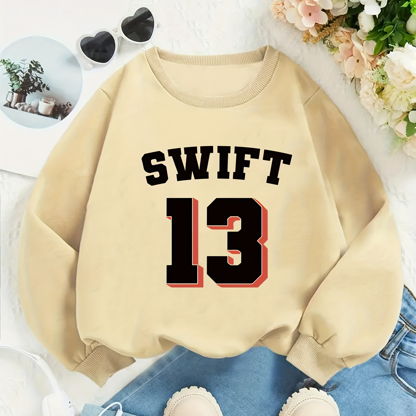 

Casual Alphabet Print 'swift 13' Crew Neck Sweatshirt For Youth - 100% Polyester, Applique Detail, Slight Stretch, Loose Fit, Knit Fabric For Fall/winter