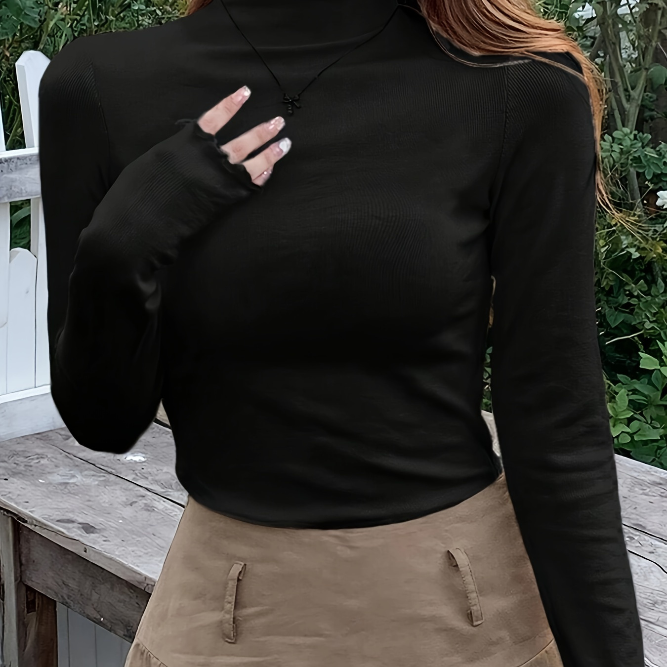 

Plain Color Mock Neck -shirt, Elegant Long Sleeve Slim Fit Top For Spring & Fall, Women's Clothing