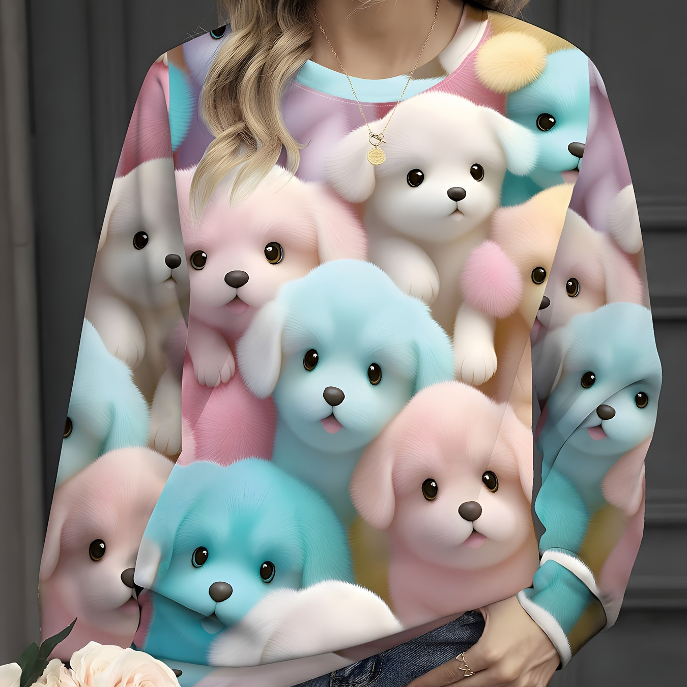 

Puppy Print Pullover Sweatshirt, Casual Long Sleeve Crew Neck Sweatshirt For Fall & Winter, Women's Clothing