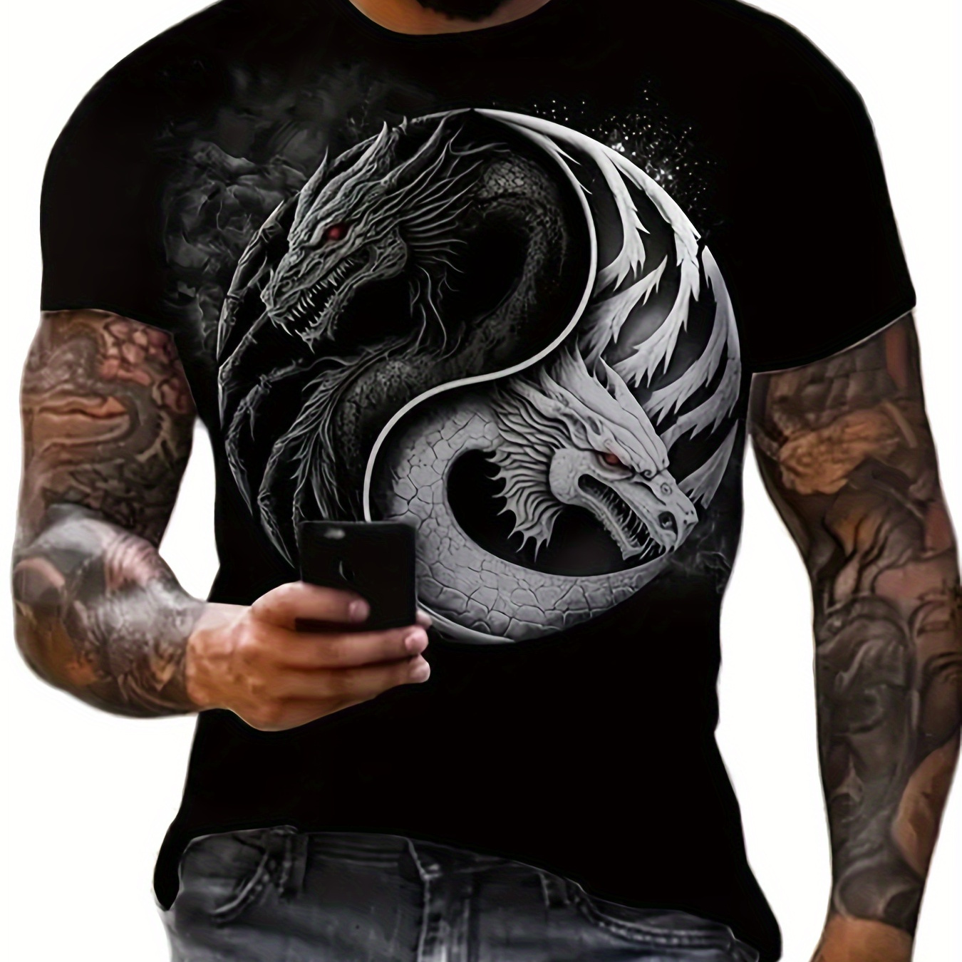 

Men's Dragon Pattern Crew Neck T-shirt, Casual Comfy Tees Tshirts For Summer, Men's Clothing