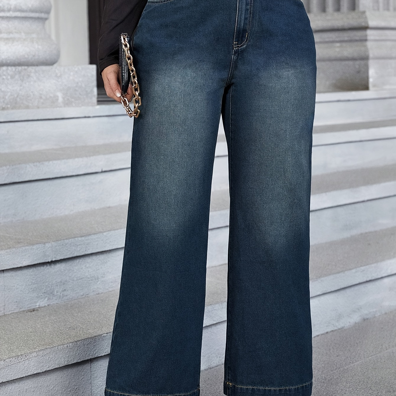 

Women's Plus Size Wide Leg Jeans - , Denim Pants With Waistband