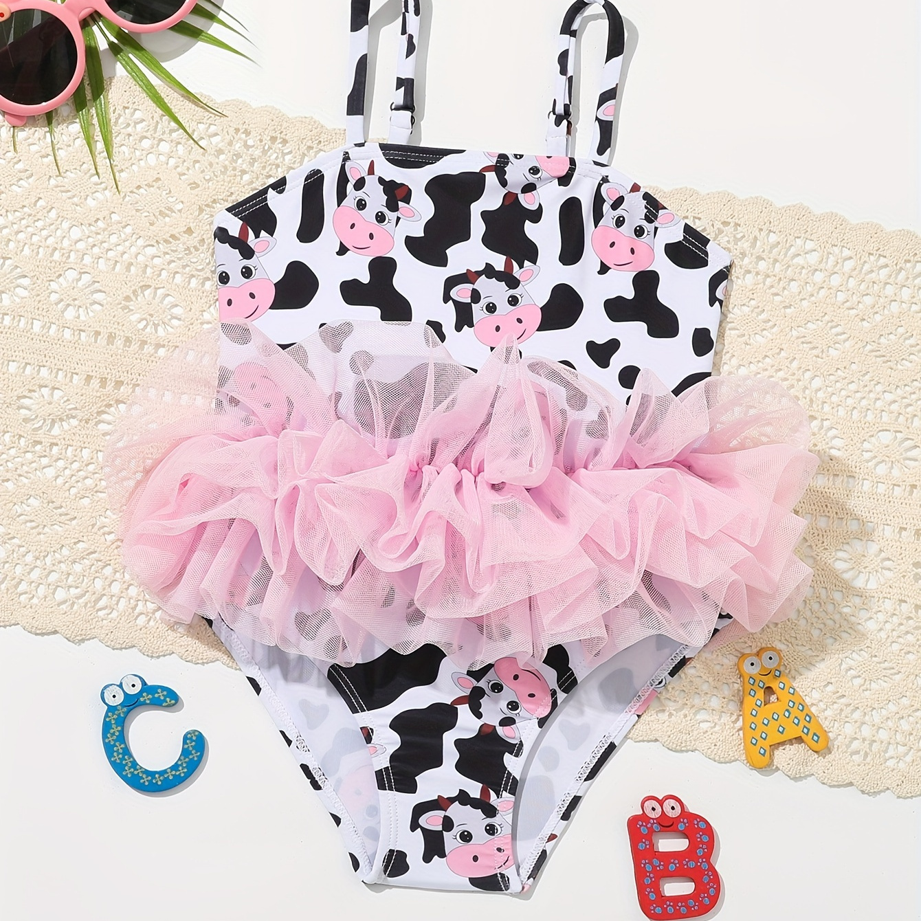 

Toddler's Cartoon Cow Pattern One-piece Swimsuit, Mesh Ruffle Decor Sleeveless Bathing Suit, Baby Girl's Swimwear For Summer Beach Holiday