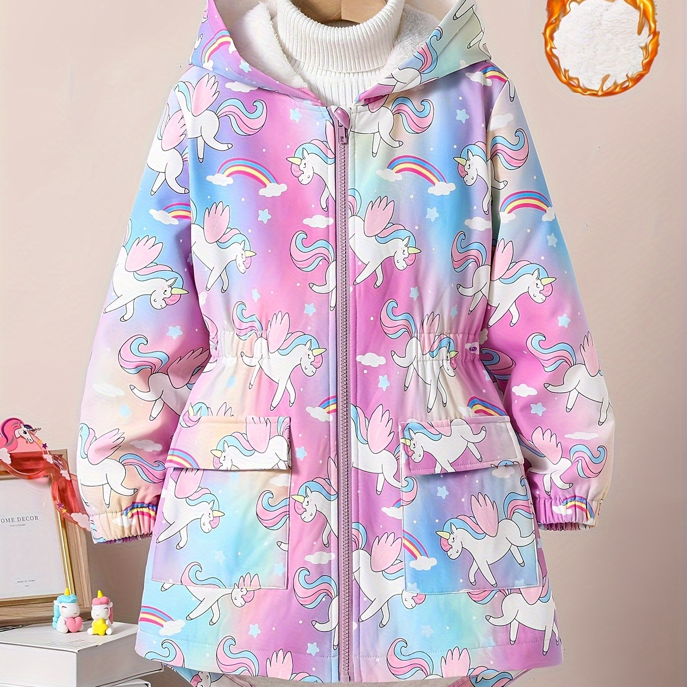 

Girls Cute Pony Pattern Hooded Parka Jacket, Long Sleeve Thermal Warm Coat For Winter/ Fall Outdoor Activities