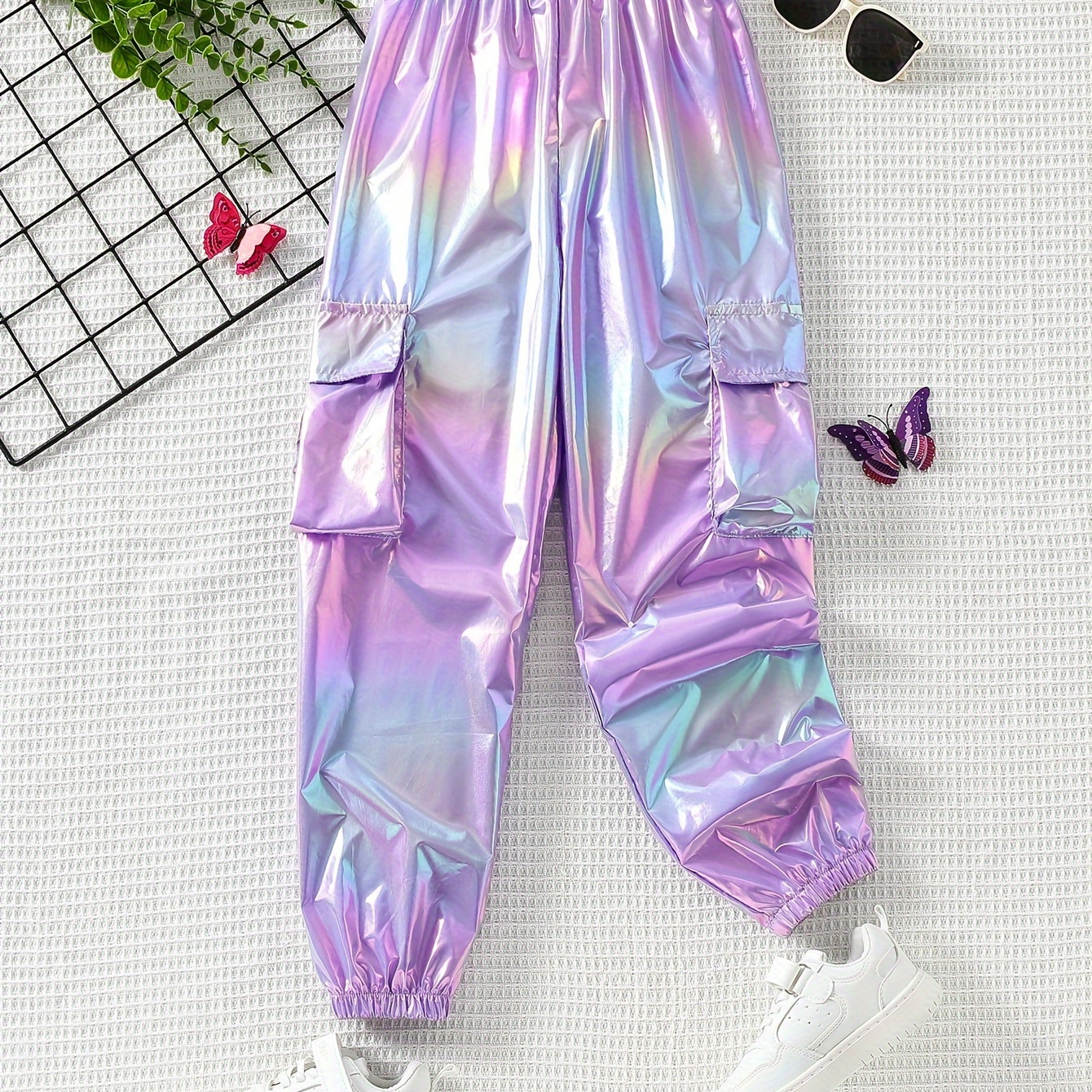 

Girls Cool & Trendy Holographic Cargo Pants With Flap Pockets For Street Wear Performance