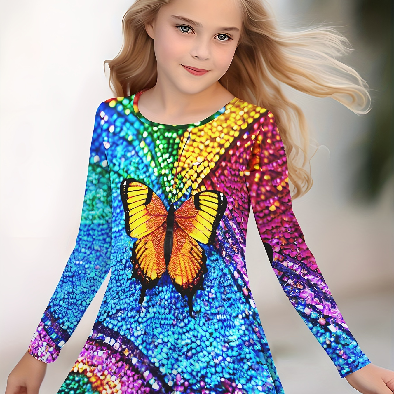 

Shiny Beautiful Rainbow Butterfly Graphic Crew Neck Long Sleeve Dress For Girls Spring Fall