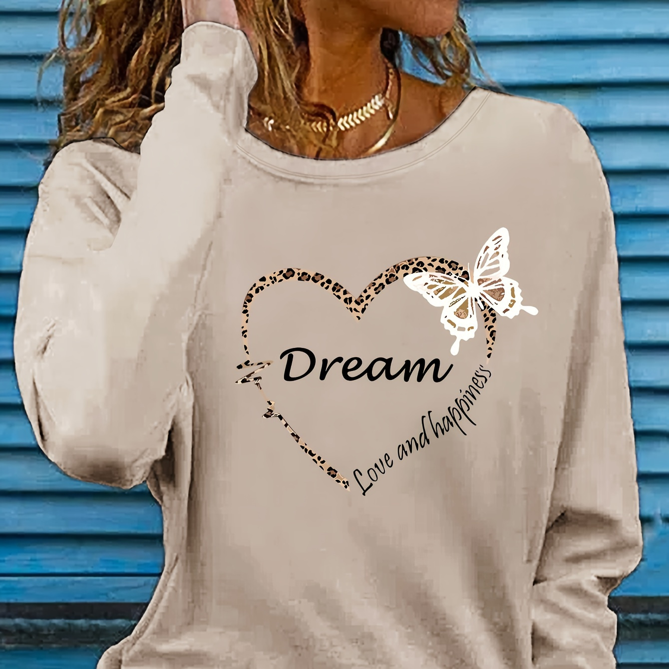 

Women's Polyester Knit Long Sleeve Crew Neck Pullover T-shirt With Butterfly Applique And Print - Casual Slim Fit Style With Slight Stretch For Fall