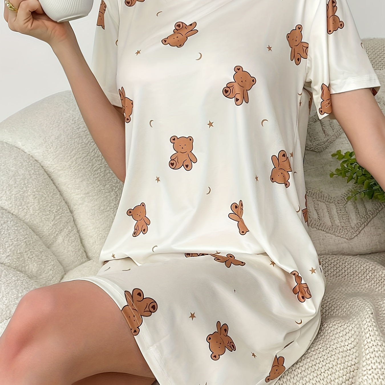 

Women's Cute Cartoon Bear Print Sleepwear, Sweet Soft Nightdress, Comfortable Short Sleeve Home Dress