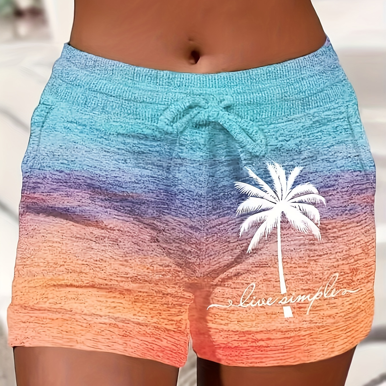 

Coconut Tree Print Drawstring Waist Shorts, Casual High Waist Shorts For Spring & Summer, Women's Clothing