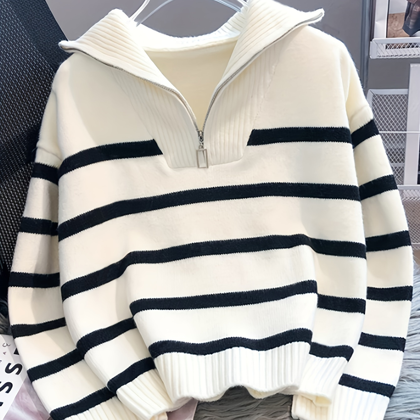 

Striped Half Zipper Collared Sweater, Casual Drop Shoulder Long Sleeve Sweater For Fall & Winter, Women's Clothing