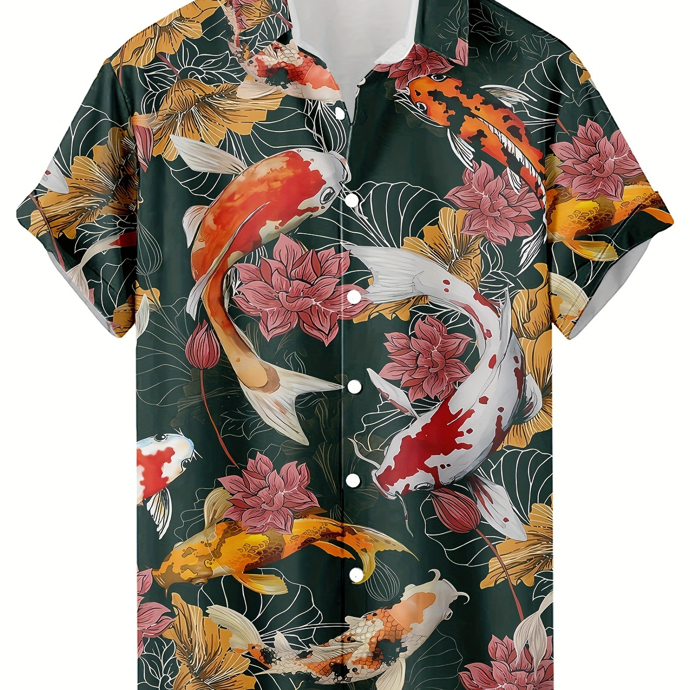 

Men' Koi Fish And Floral 3d Print Short Sleeve Hawaiian Shirt - Casual, Hip-hop , Polyester , Button-up Collar