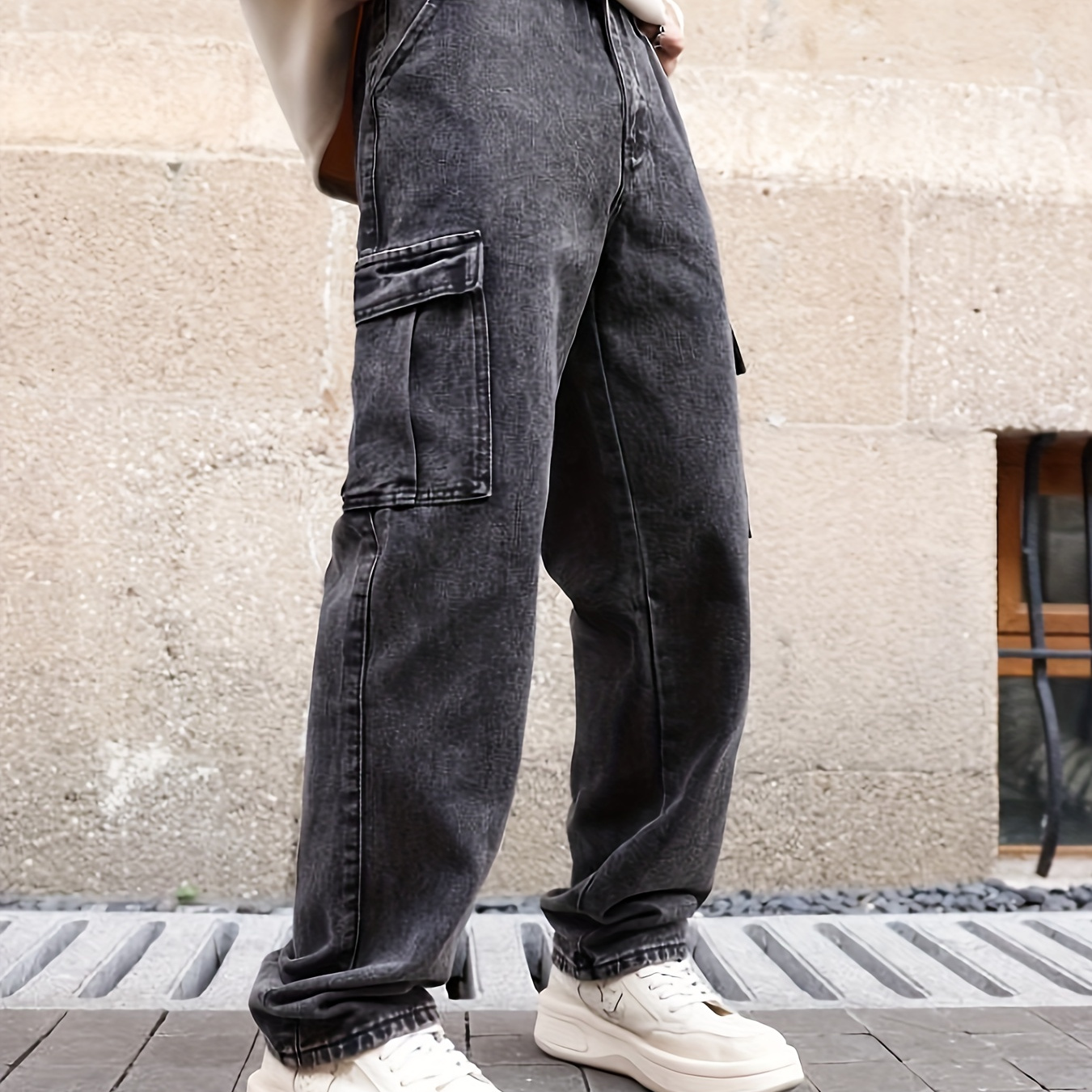 

Loose Fit Flap Pocket Jeans, Men's Causal Street Style Cargo Jeans For All Seasons