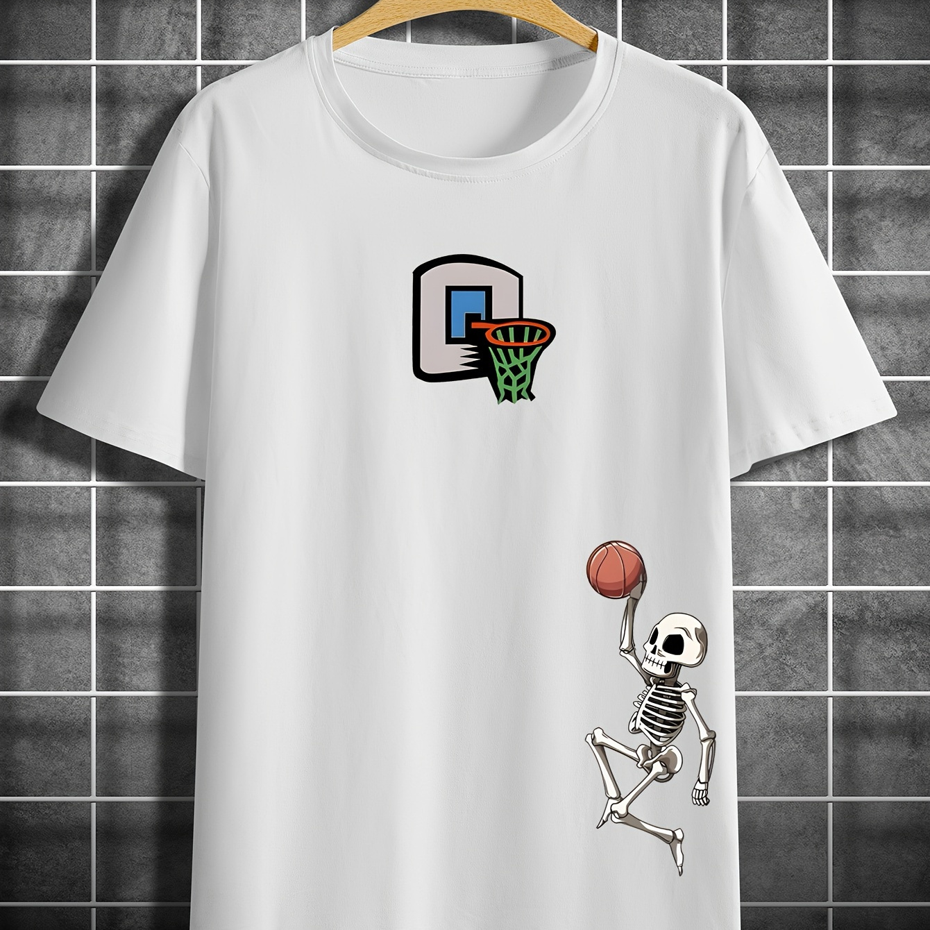 

Skeleton Playing Basketball Print T Shirt, Tees For Men, Casual Short Sleeve T-shirt For Summer