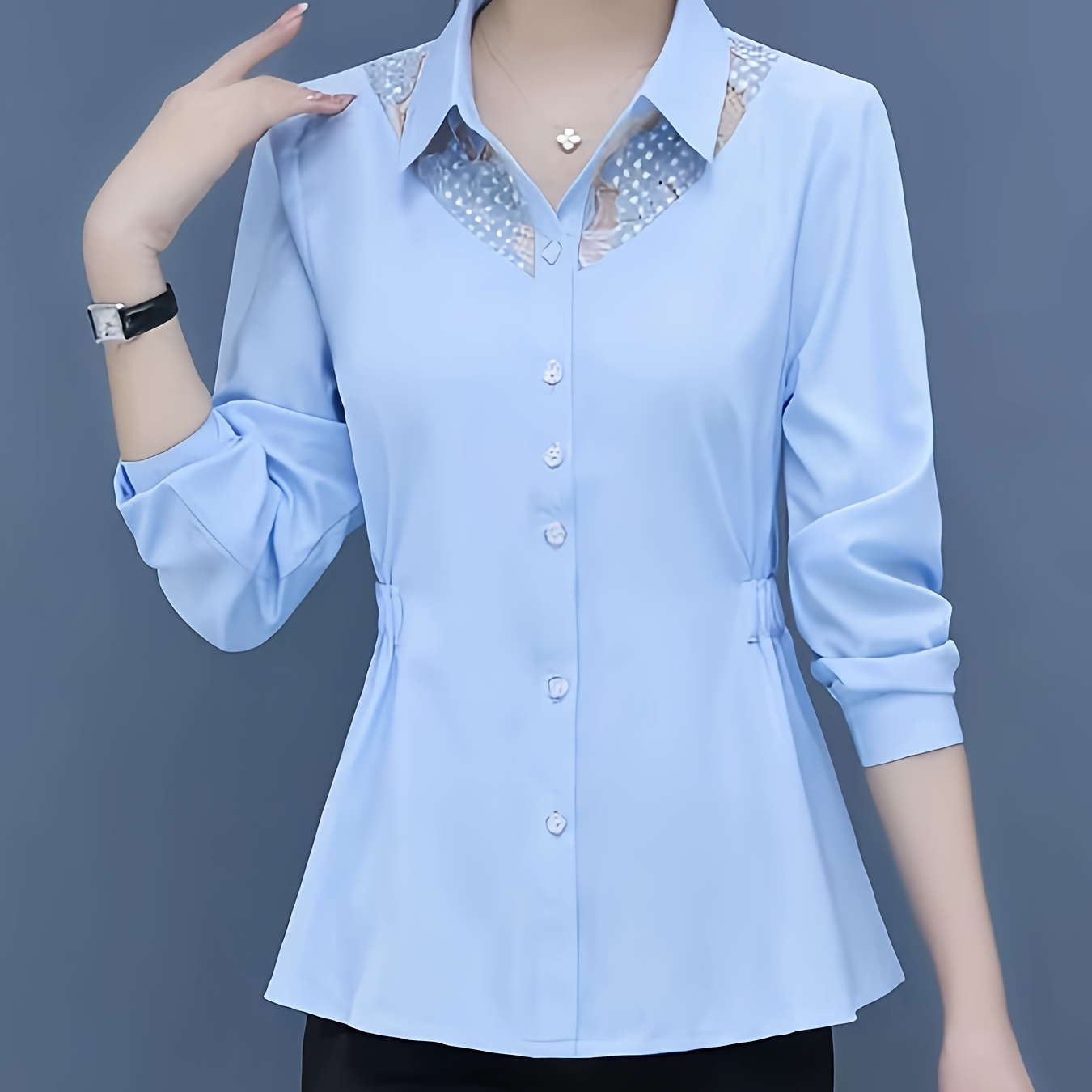 

Chemise boutonnée à l' avec coutures en dentelle, chemise et ajustée de couleur unie à manches longues pour et , vêtements pour femmes.