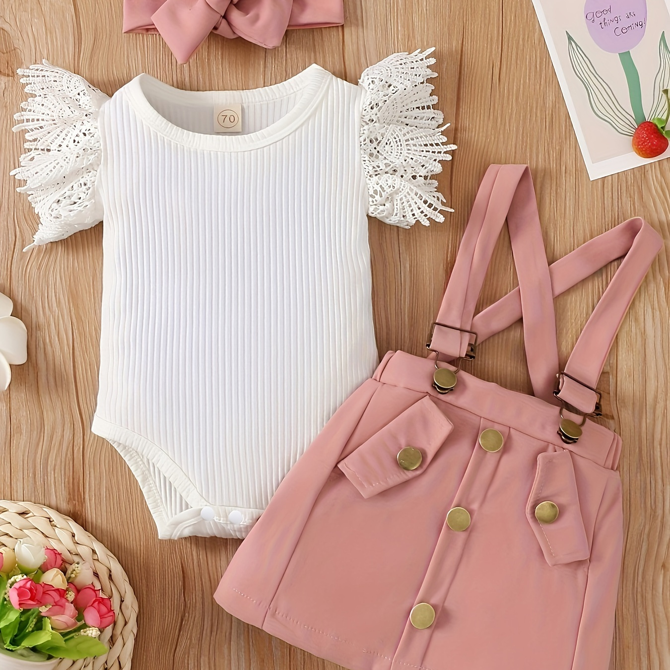 

Baby's Casual Dress 2pcs Outfit, Lace Sleeve Ribbed Onesie & Overall Skirt Set, Toddler & Infant Girl's Clothes