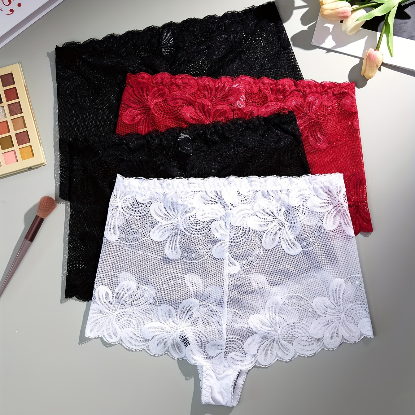 

4pcs Plus Size Sexy Panties, Women's Floral Lace High Waist Stretchy Breathable Briefs