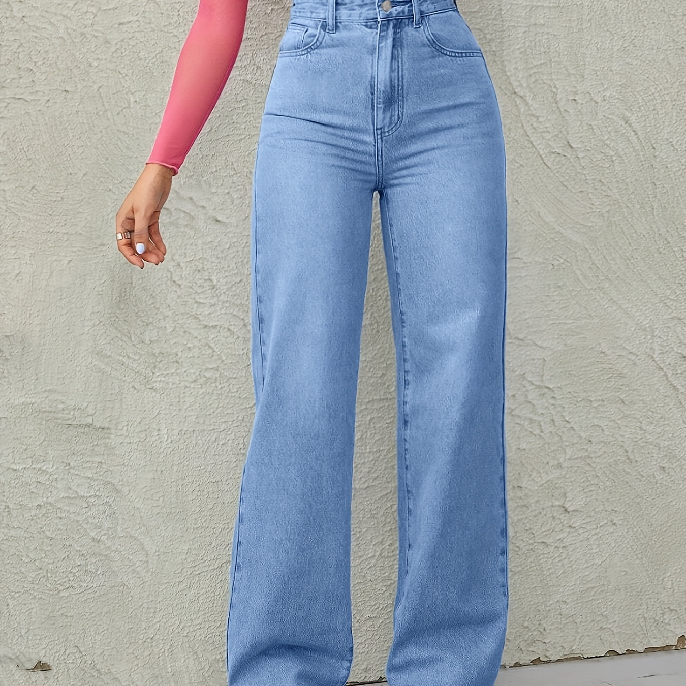 

Women's High Waist Loose-fit Wide Leg Denim Jeans, Wash Blue, Slash Pockets, Medium Stretch Straight-leg Streetwear Style Pants
