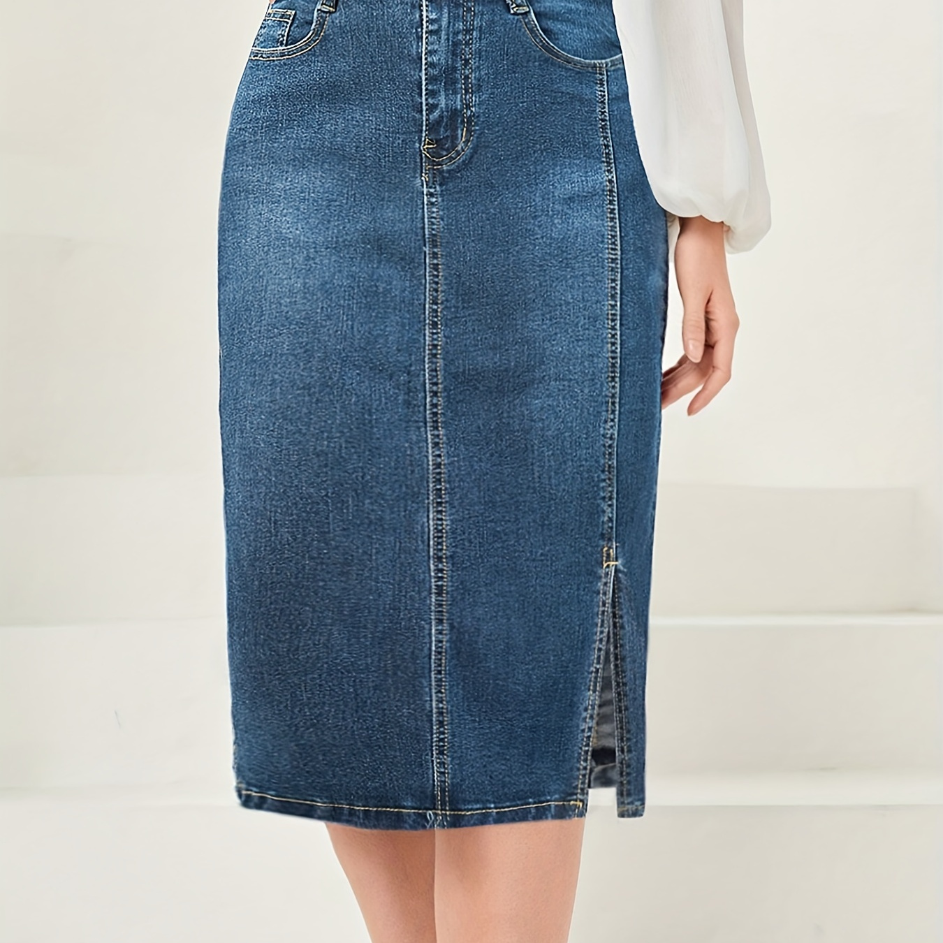 Plus Size Casual Denim Skirt, Women's Plus Solid Button Fly High Rise High Stretch Side Split Midi Denim Skirt