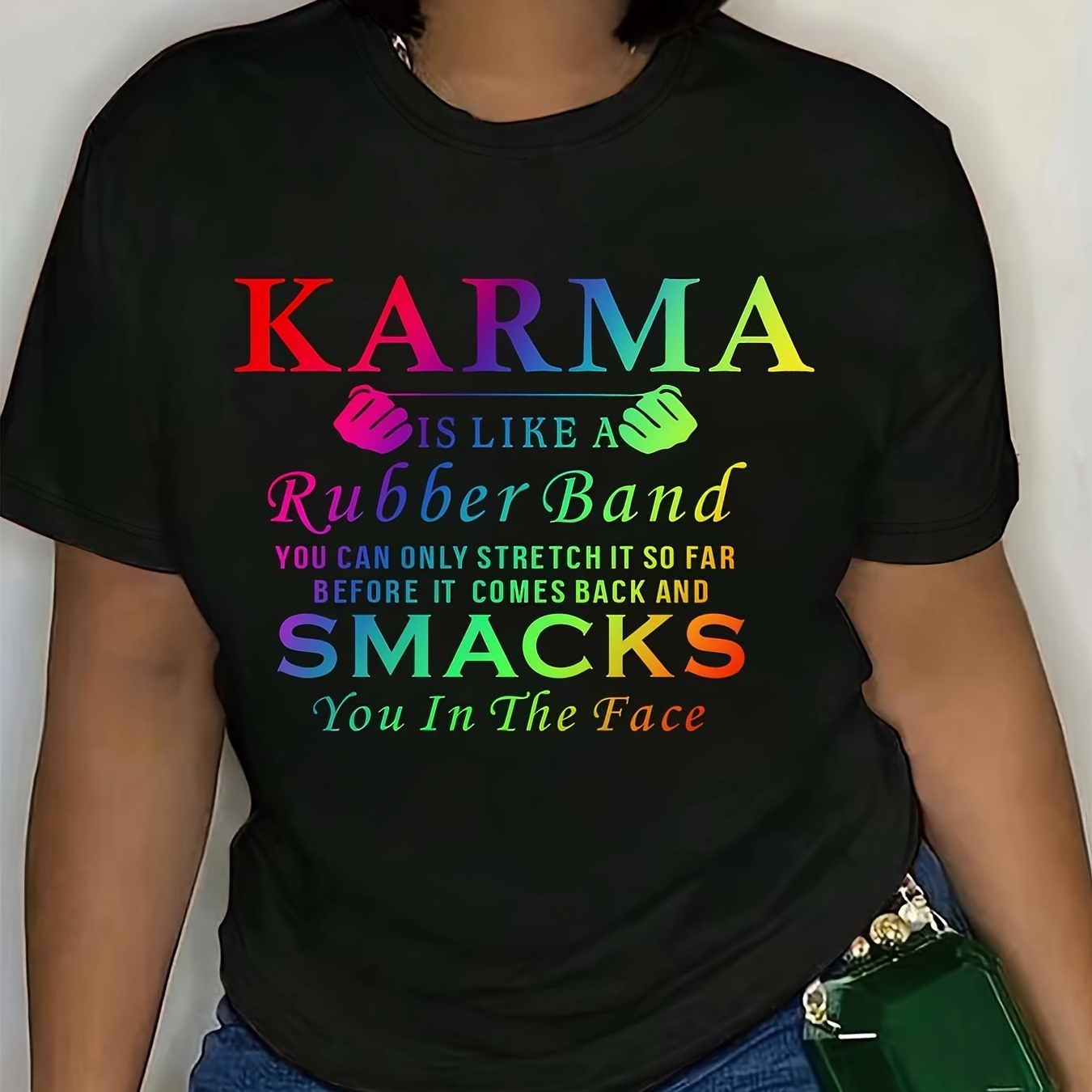 

Karma Letter Print T-shirt, Short Sleeve Crew Neck Casual Top For Summer & Spring, Women's Clothing
