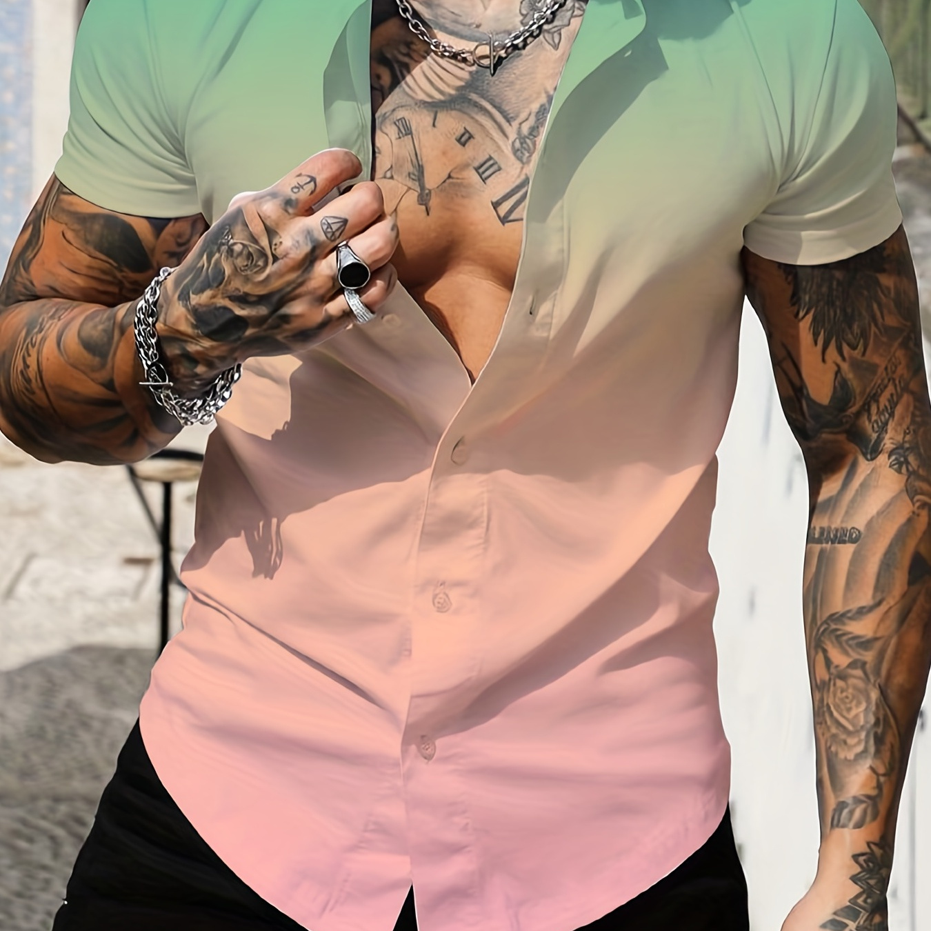 

Summer Gradient Men's Creative Top, Casual Non-stretch Short Sleeve Lapel Shirt, Men's Clothes For Summer Outdoor