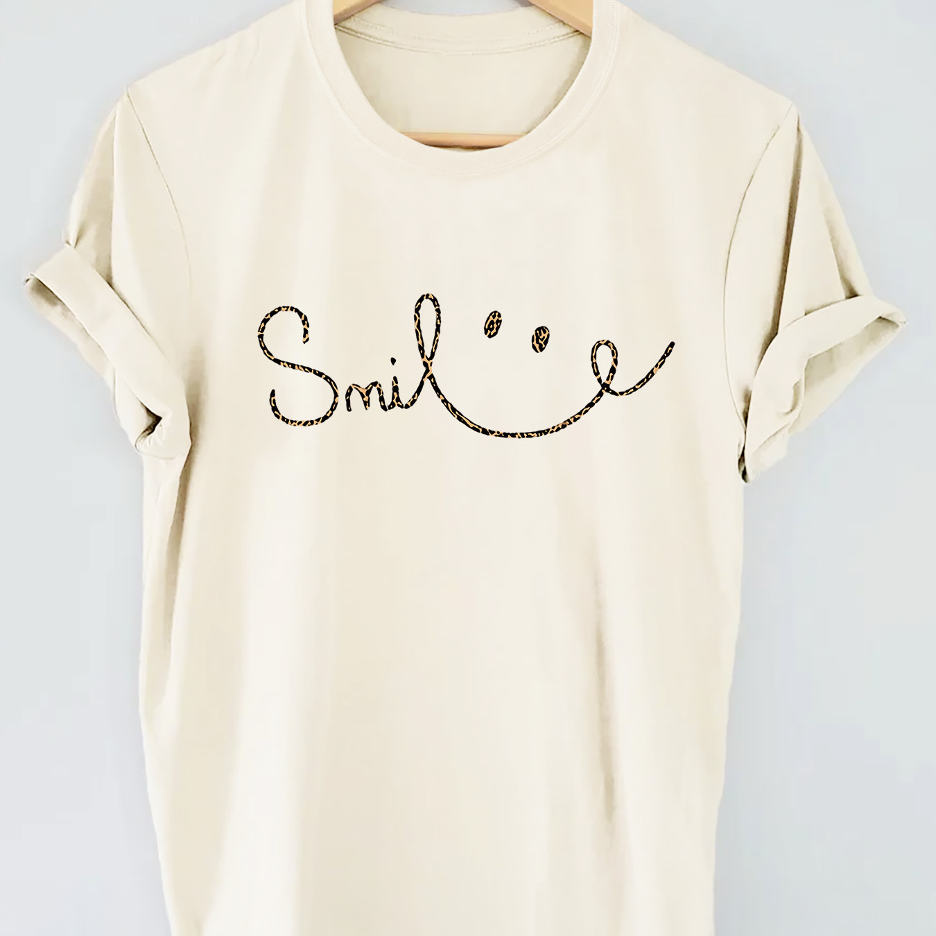 

Smile Print T-shirt, Short Sleeve Crew Neck Casual Top For Summer & Spring, Women's Clothing