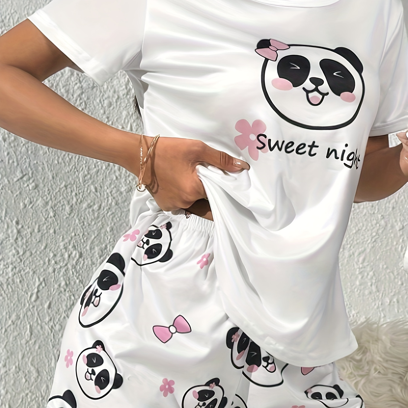 

Women's Cute Panda & Letter Print Pajama Set, Short Sleeve Round Neck Top & Shorts, Comfortable Relaxed Fit