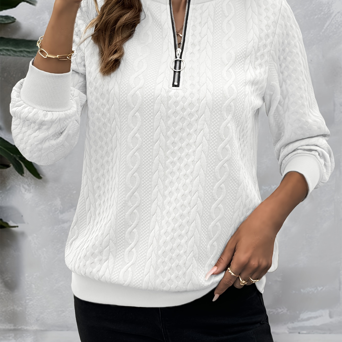 

Textured Solid Pullover Sweatshirt, Casual Long Sleeve Zipper Crew Neck Sweatshirt For Fall & Winter, Women's Clothing