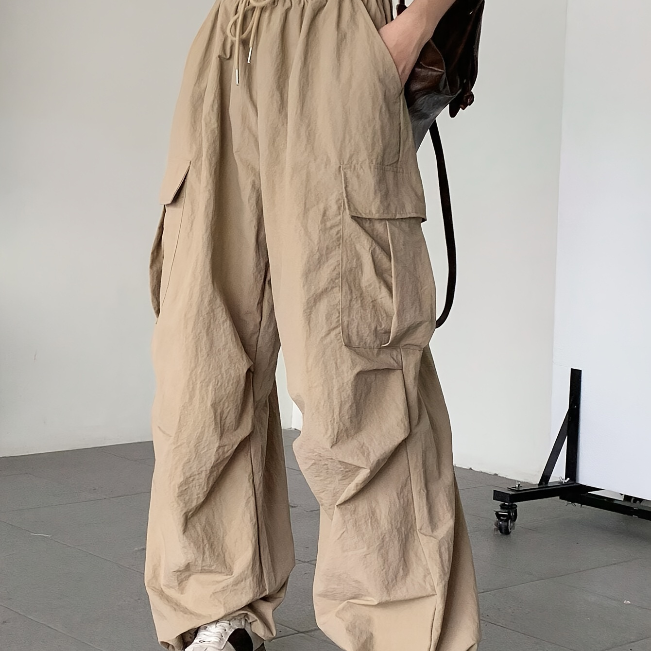 

Drawstring Waist Pockets Cargo Pants, Casual Solid Color Pants For Spring & Summer, Women's Clothing