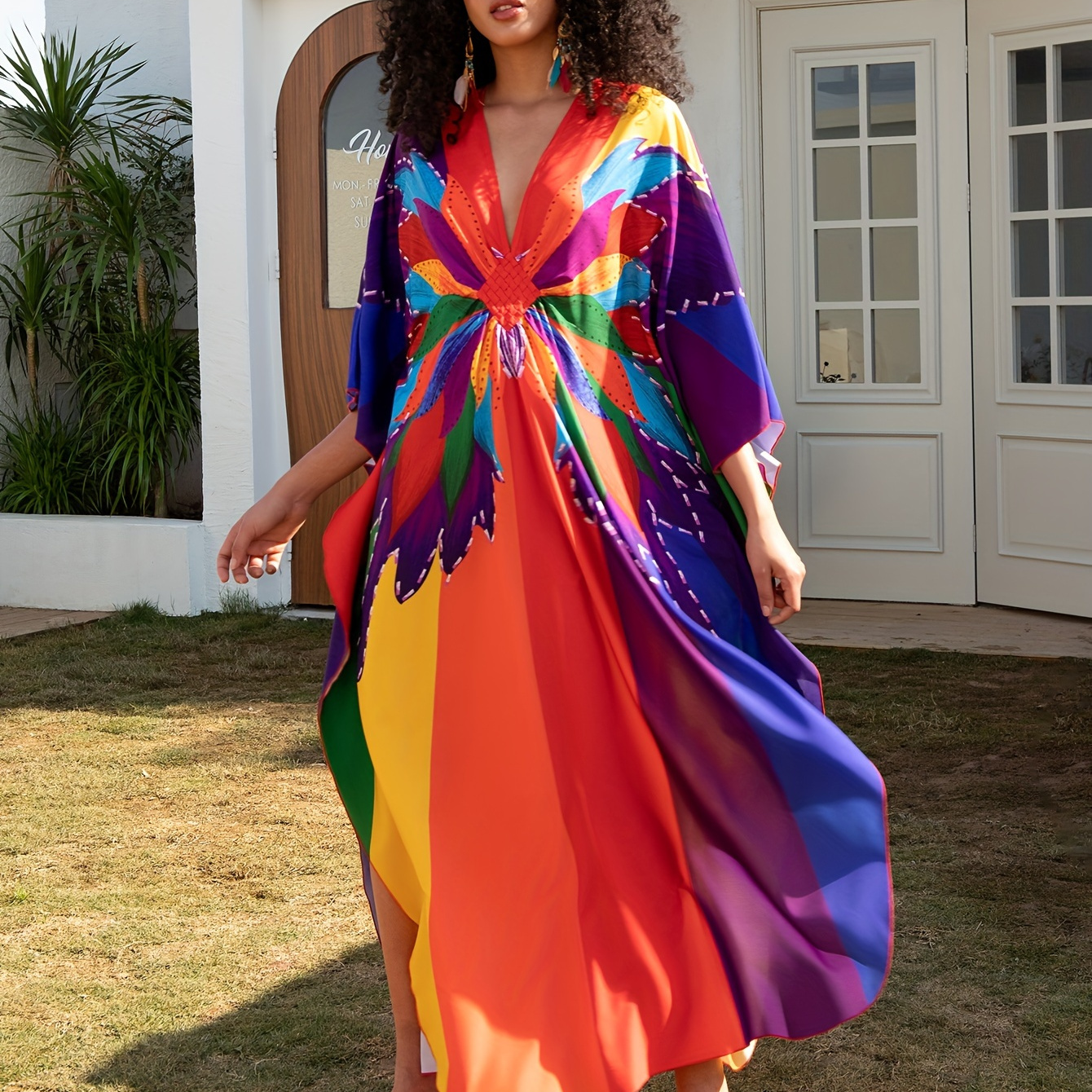 

Women's V-neck Maxi Kaftan Dress, Rainbow Print, Handmade Woven Polyester, Non-stretch Fabric, Split Detail, Pullover , Lightweight 110g/m² - Beachwear &