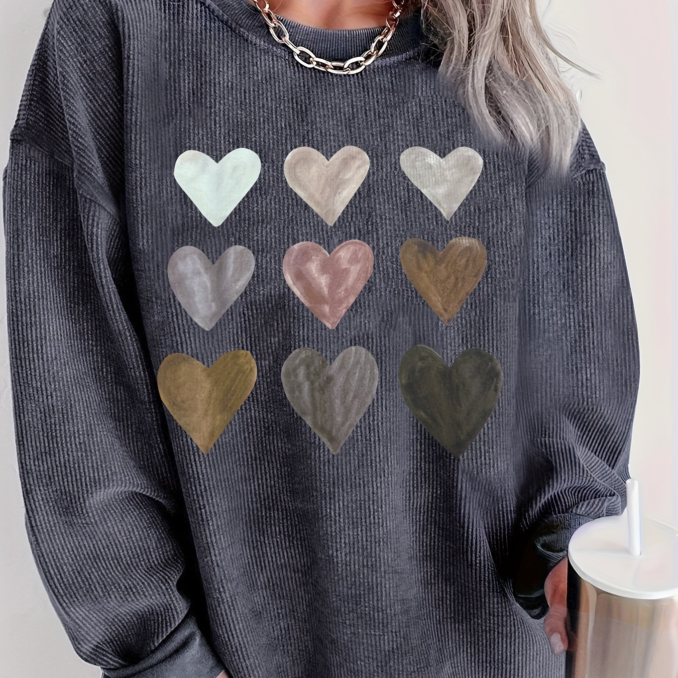 

Heart Print Pullover Sweatshirt, Casual Long Sleeve Crew Neck Sweatshirt For Fall & Winter, Women's Clothing