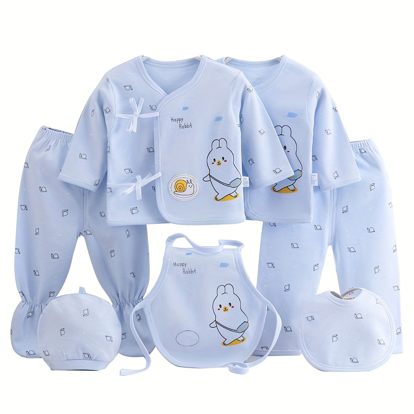 

7pcs Newborn Outfits Gifts, Cute Graphic Baby Boys Girls Cotton Comfy Clothes Set - Footed Pants Cardigan Top Trousers Hat Bib Set