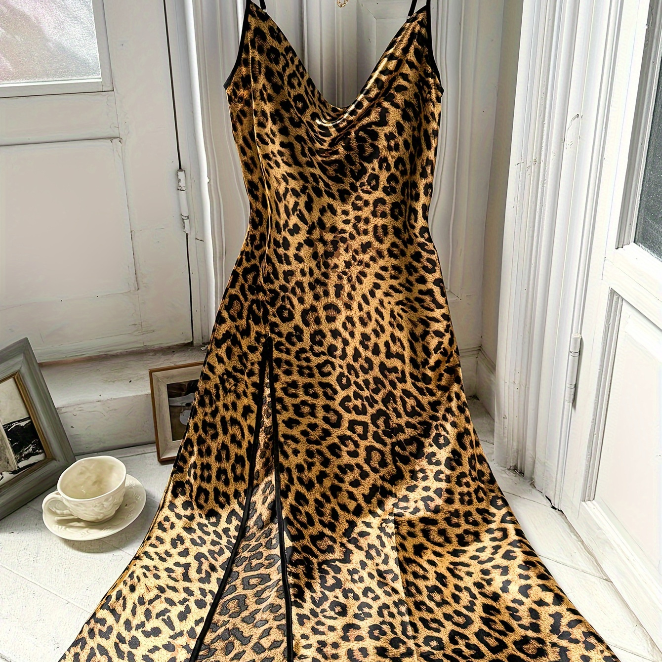 

Women's Mature Leopard Print Silky Sleepwear Dress, Cowl Neck Backless Midi Slip Dress, Comfortable Nightgown