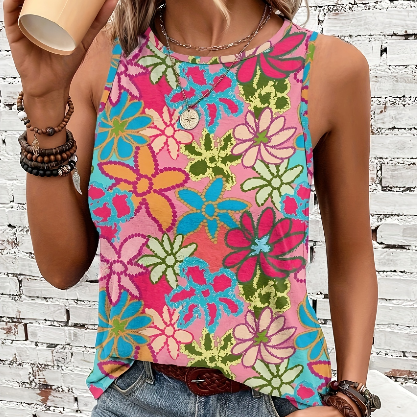 

Floral Print Crew Neck Tank Top, Casual Sleeveless Tank Top For Spring & Summer, Women's Clothing