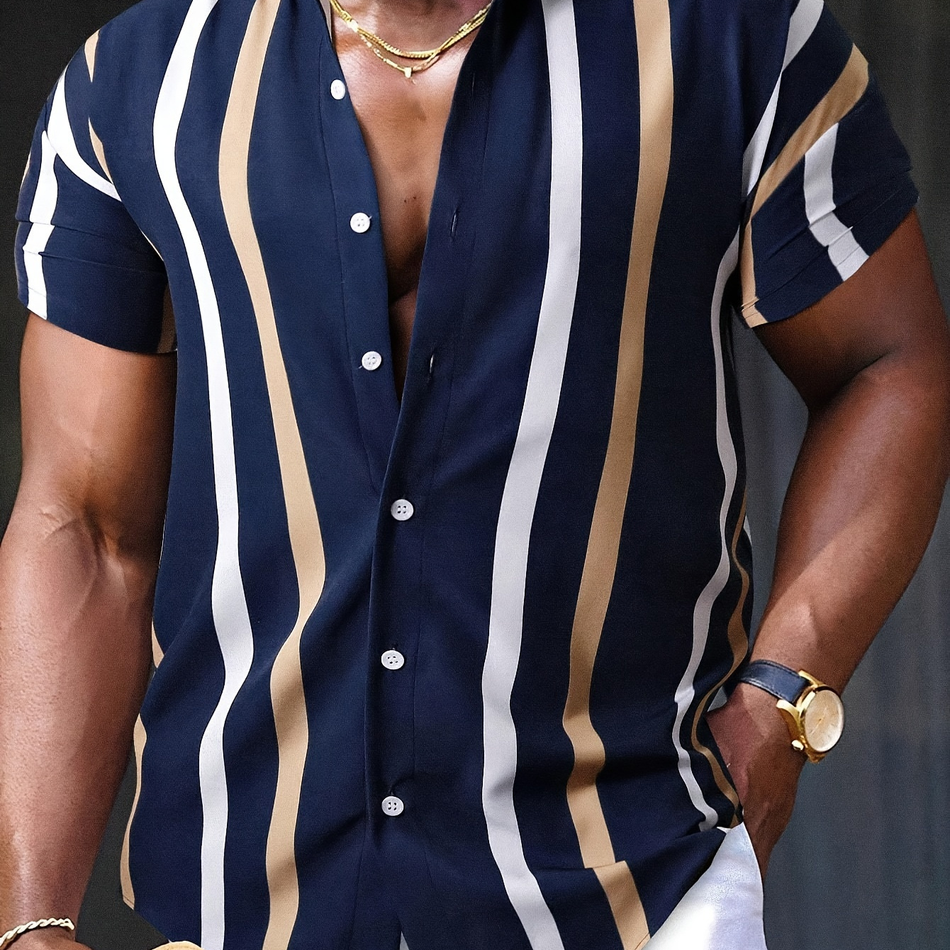 

Men's Stripe Graphic Print Shirt, Casual Lapel Button Up Short Sleeve Shirt For Summer Outdoor Activities