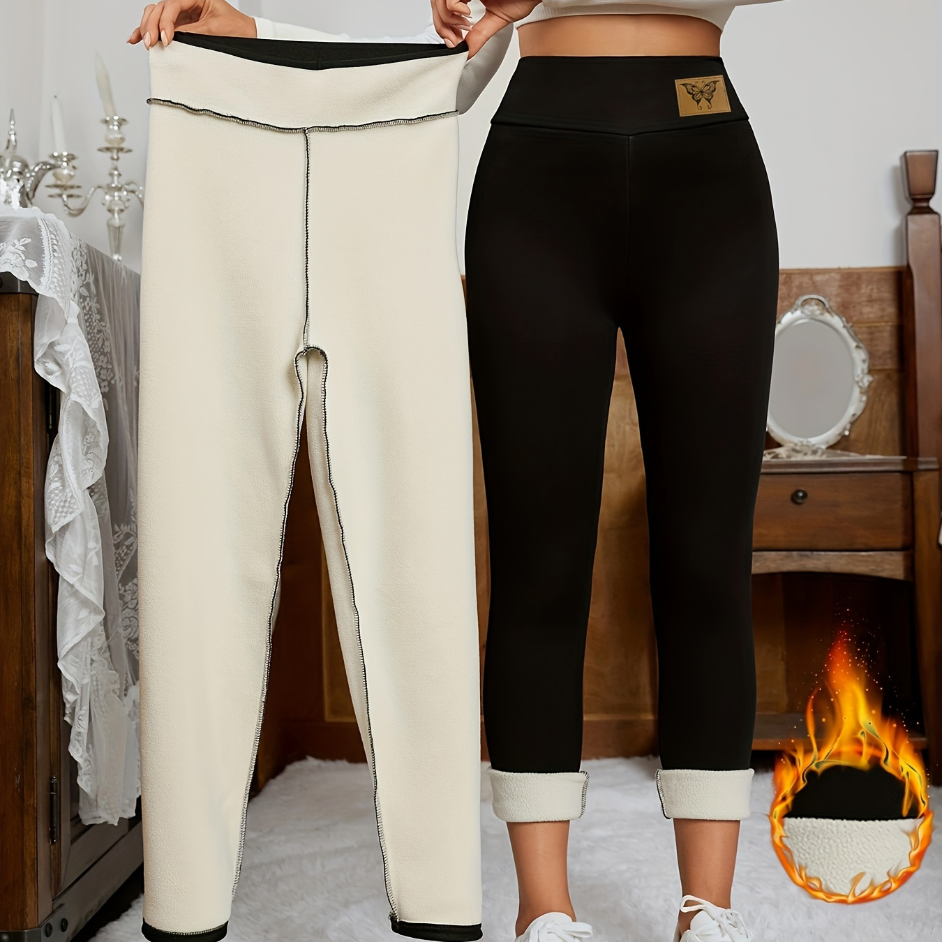 

Plush Lined Thermal Pants, Solid Patched Detail Slim Fit Tights For Winter, Women's Lingerie & Sleepwear