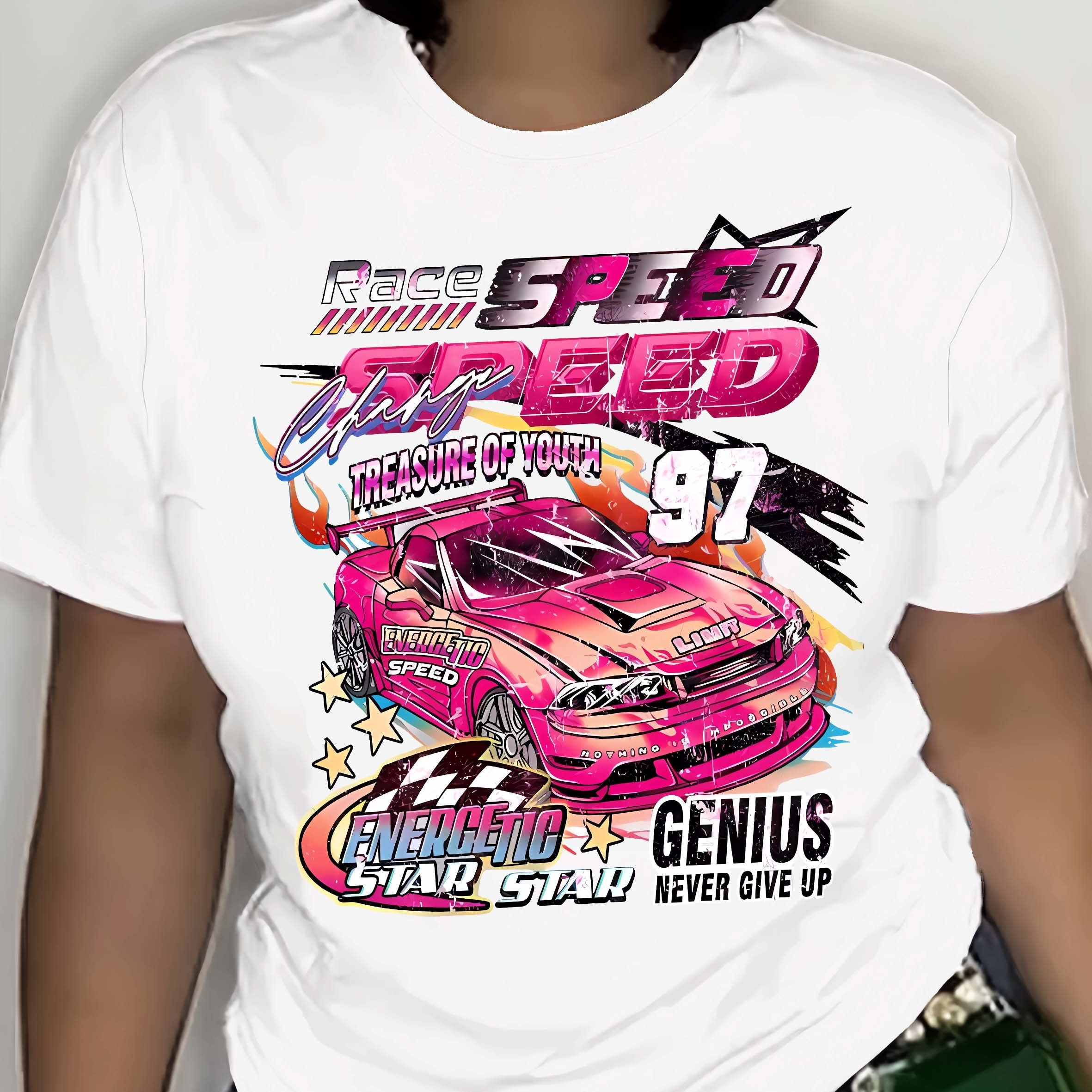 

Racing Car Print Crew Neck T-shirt, Short Sleeve Casual Top For Spring & Summer, Women's Clothing