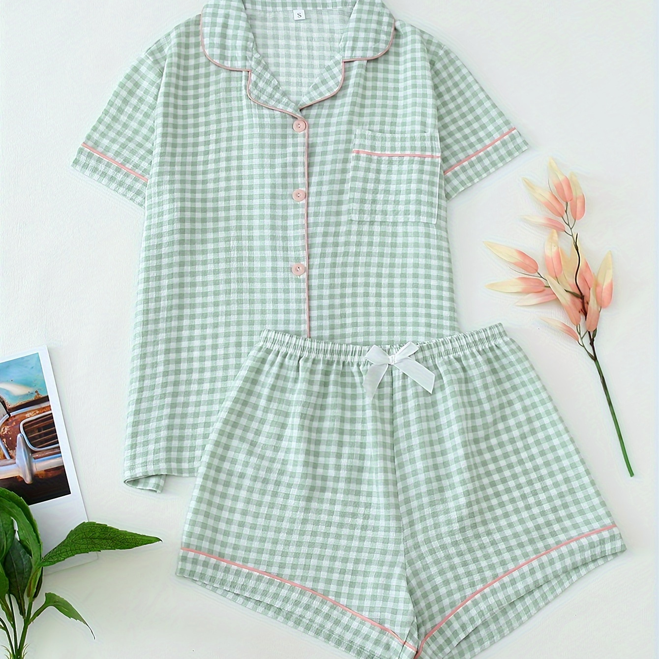 

Women's Casual Pajama Set With Short Sleeves And Shorts, Polyester Knit Fabric, Button Front, Reversible Collar, Waist, No Belt - Adult Spring/summer/