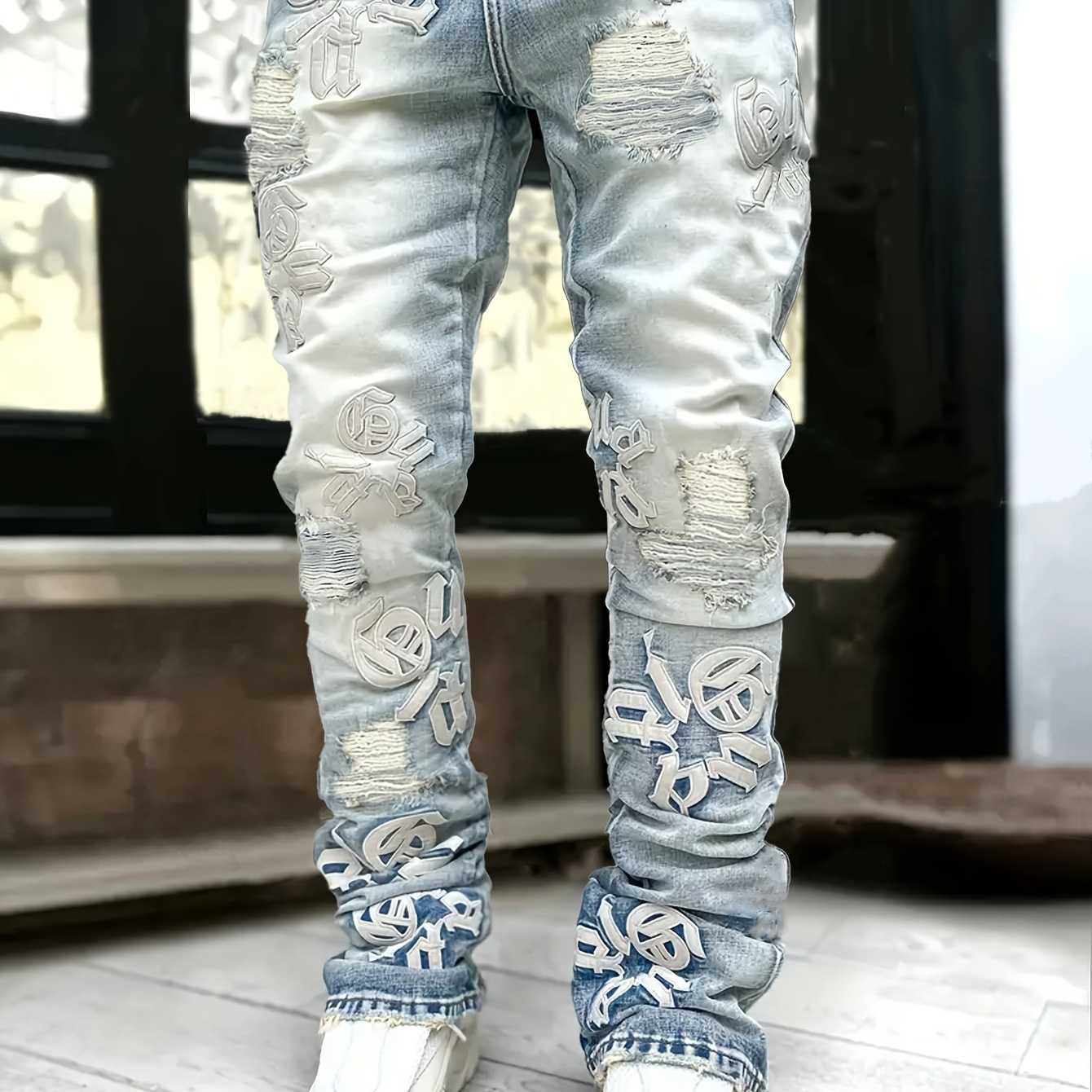 

Men's Slim Fit Denim Pants With Symbol Patter, Street Style Ripped Jeans For Males