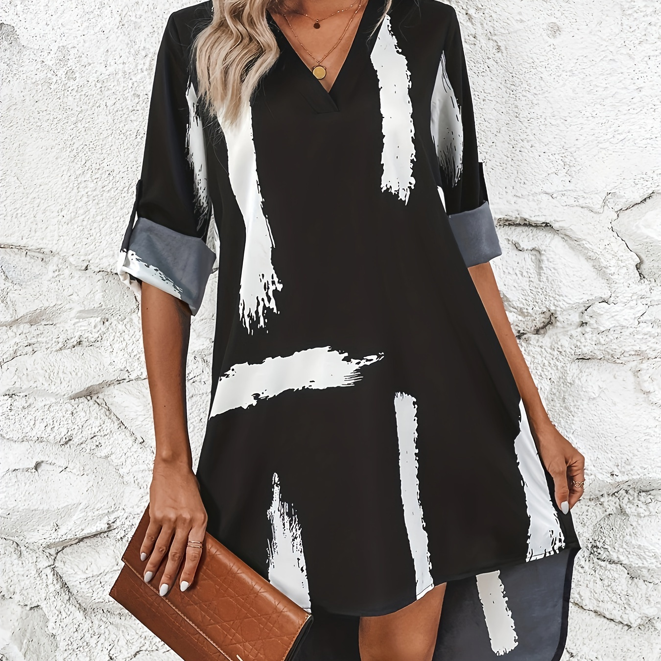 

Brush Print Dipped Hem Dress, Casual Color Block V Neck Long Sleeve Dress, Women's Clothing