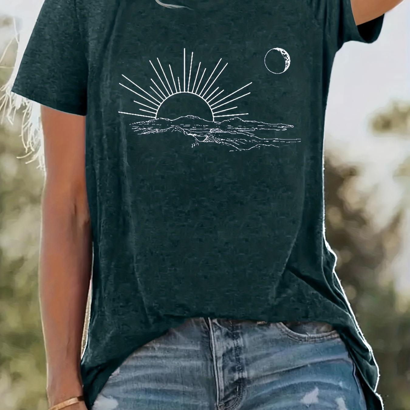 

Sun & Moon Print T-shirt, Summer Short Sleeve Casual Top, Women's Clothing