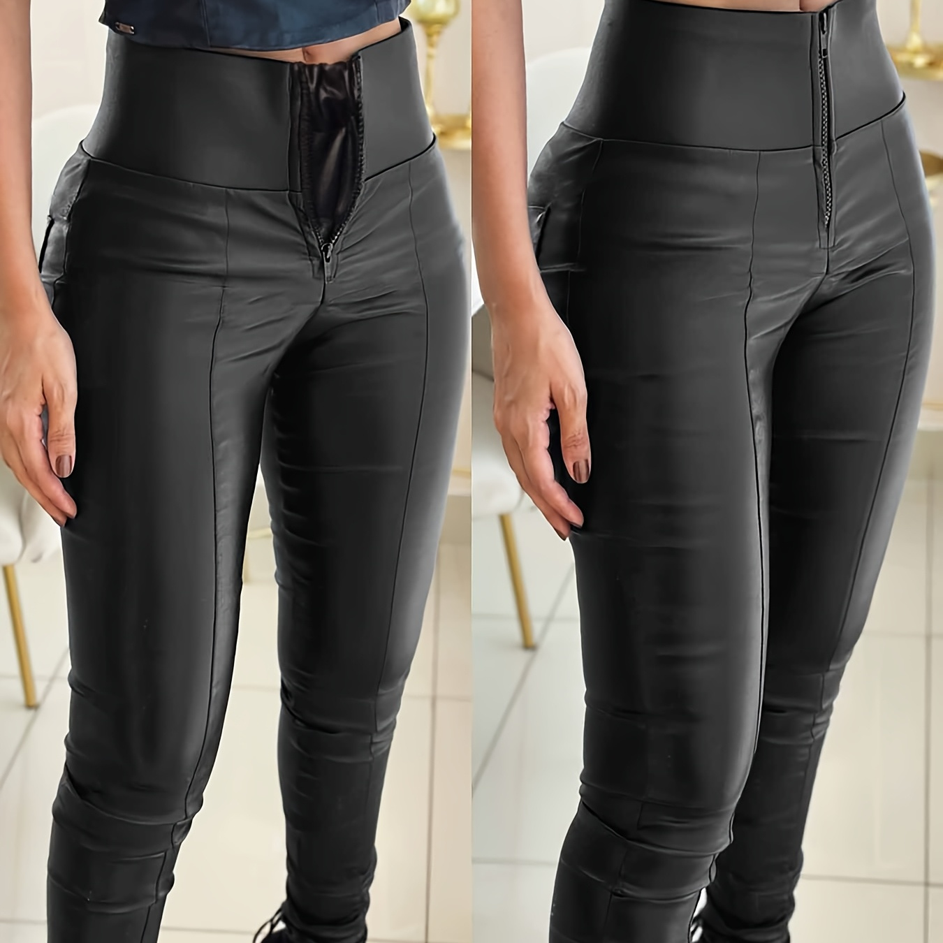 

Leggings en Cuir PU Taille Haute pour Femmes avec Fermeture Éclair , du Ventre, Doublure Anti-Frottement, Pantalon Double Couche - Noir, Leggings Taille Haute