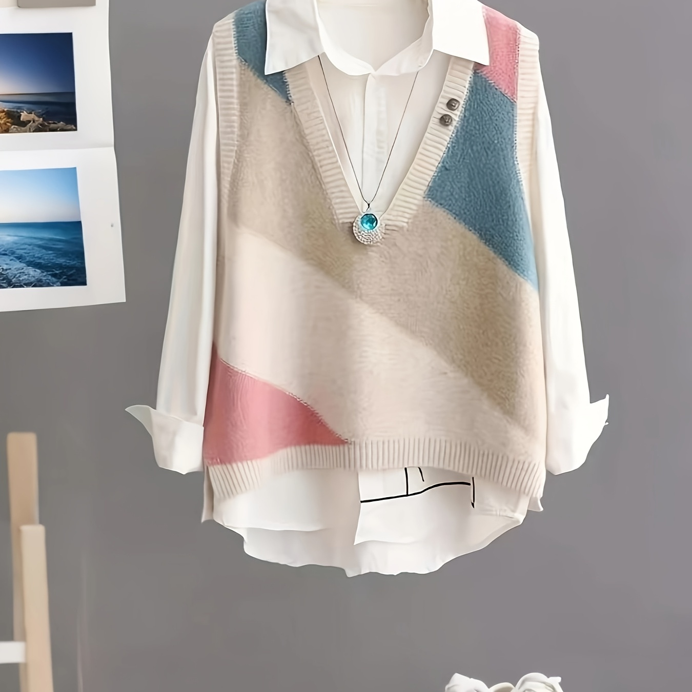 

Women's Patchwork V-neck Viscose Knit Vest - Casual Color Block Layering Cardigan With Knit Fabric Weave