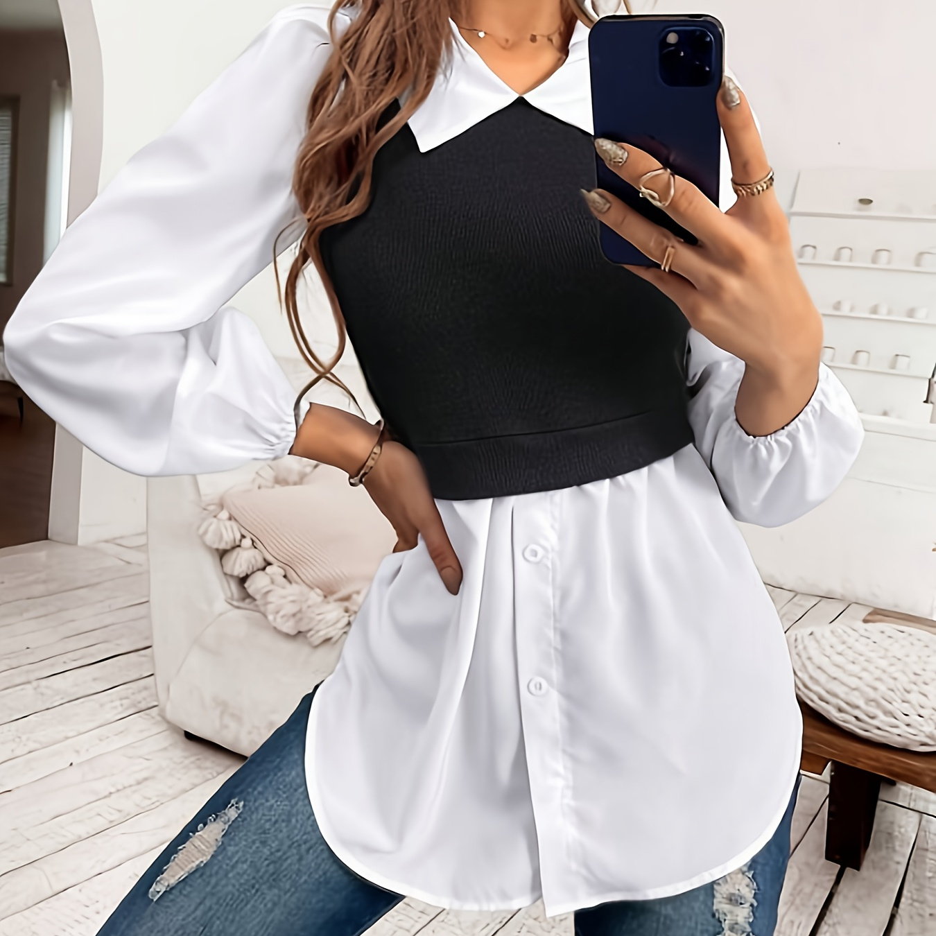 

Color Block Simple 2 In 1 Shirt, Elegant Long Sleeve Work & Office Shirt, Women's Clothing