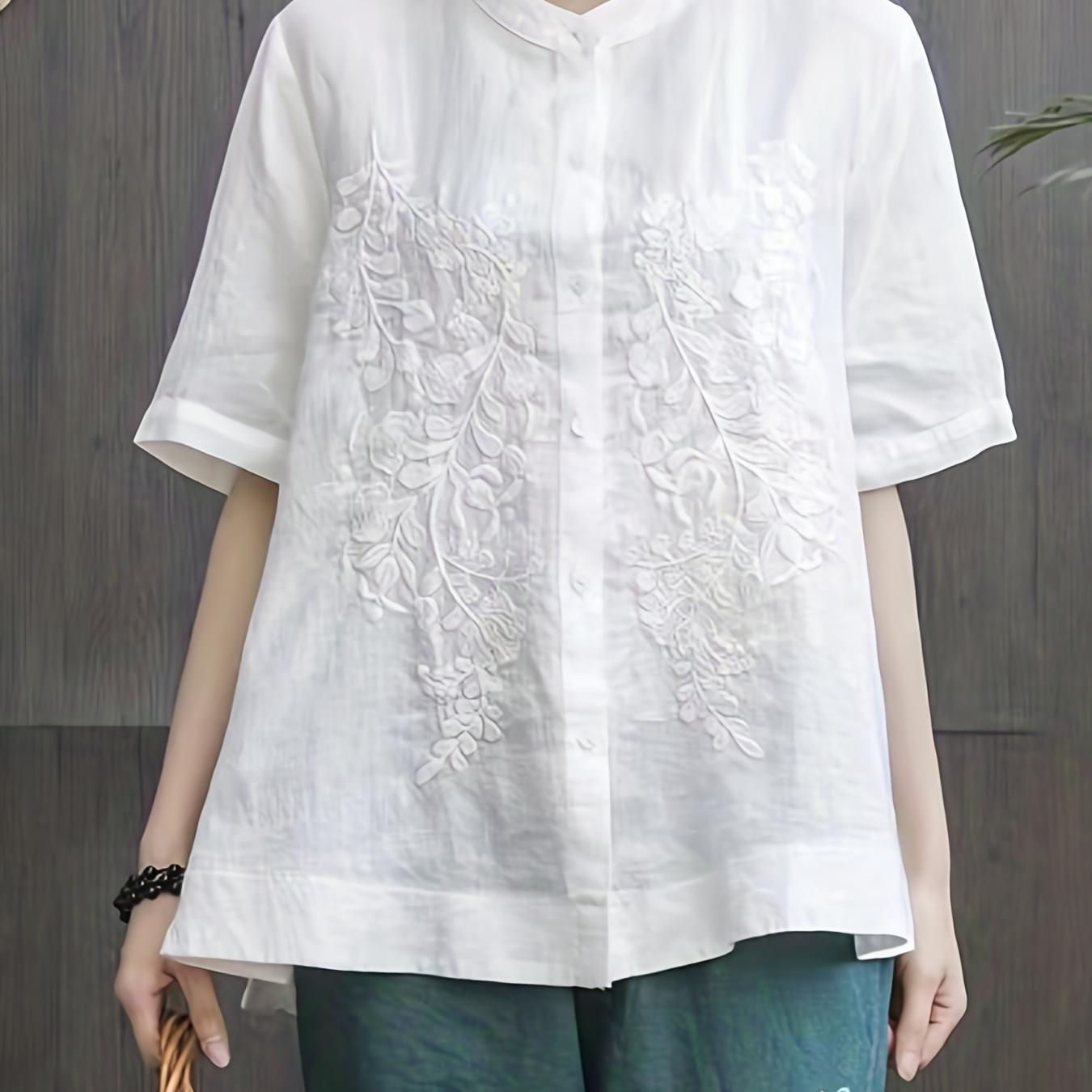 

Floral Pattern Mandarin Collar Shirt, Casual Short Sleeve Button Front Loose Shirt, Women's Clothing