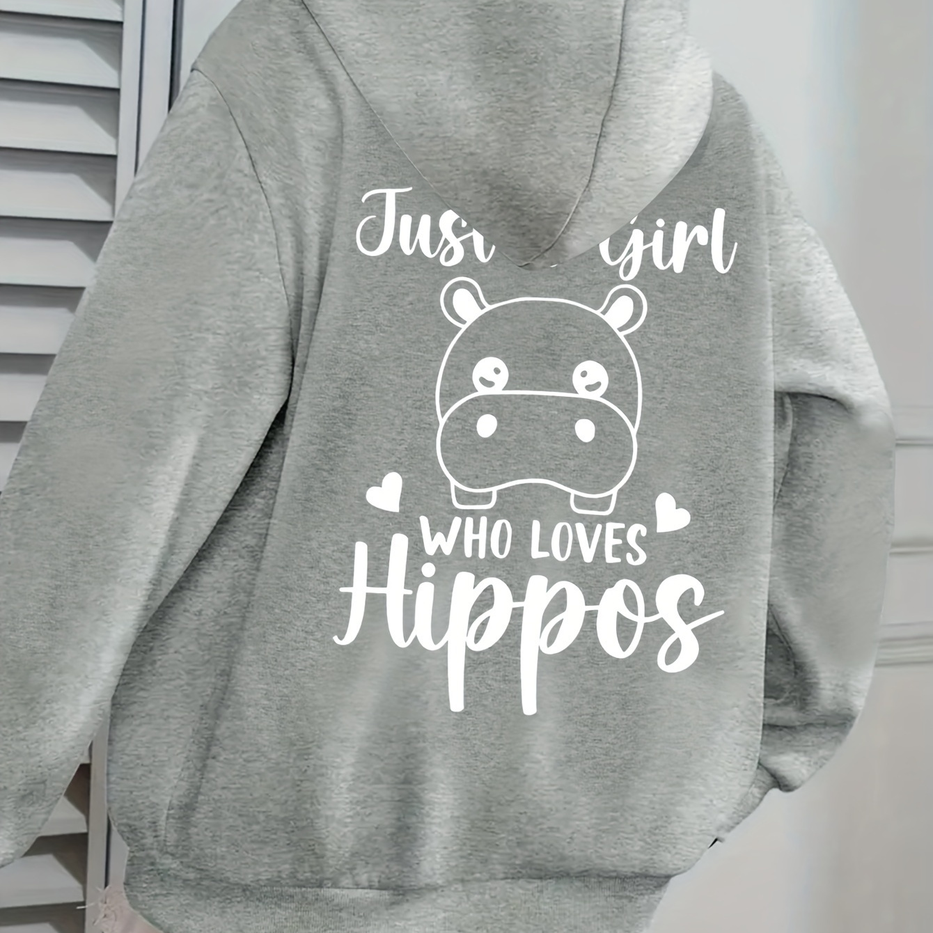 

Women's Cozy Hoodie With Cute Hippo Graphic - " Who " Print, Gray Pullover With Front Pocket, Soft Polyester Fabric For Fall/winter Casual Wear, Apparel | Graphic Hoodie | Polyester Knit Fabric